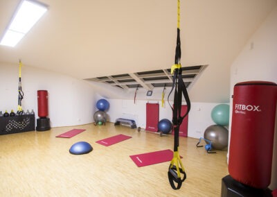 Prostorná tělocvična, která nabízí rezervace pro skupiny až 10 osob, fyzio služby a další fitness možnosti v rámci exkluzivního soukromého wellness centra Crab Club v Ostravě.